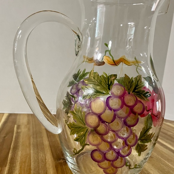 Hand Painted Fruit Clear Glass Pitcher Carafe Grapes Apples Elegant Farmhouse - Picture 4 of 12